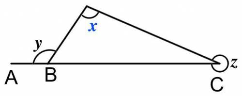 A b and c lie on a straight line given that angle y = 125 and angle z = 313 work out x