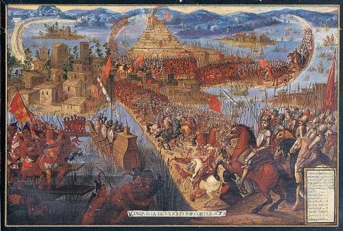 7. A imagem a seguir é pintura, do séc. XVII, representa a conquista de Tenochtitlán por Cortés em