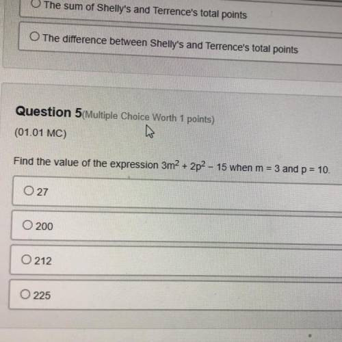Find the value of the expression 3m^2 + 2p^2 - 15 when m = 3 and p = 10 
( 9th grade algebra 1 )