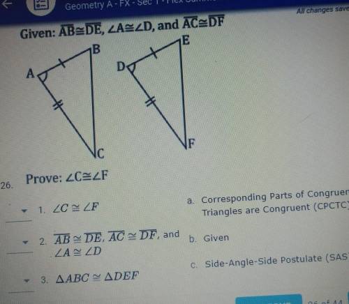Given AB= DE <A=<D and AC= DF