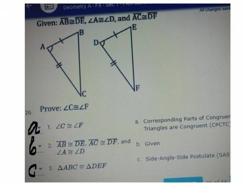 Given AB= DE <A=<D and AC= DF​