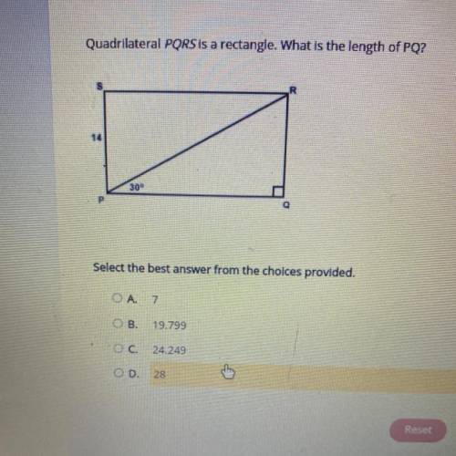 Quadrilateral PQRS is a rectangle. What is the length of PQ?

Select the best answer from the choi