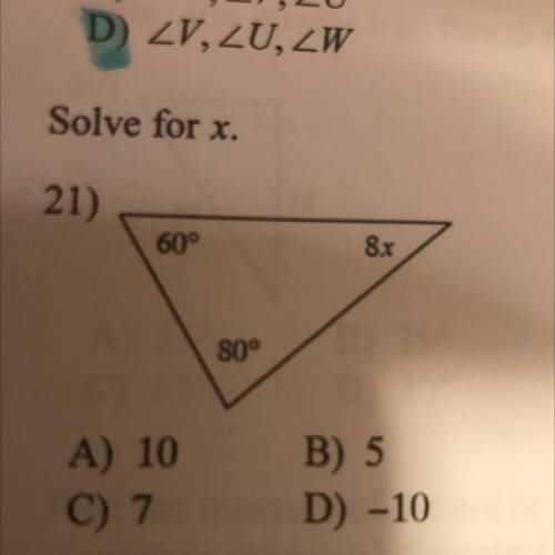 Solve for x.
21)
60°
8x
80°