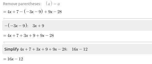 Simplify (4x + 7) - (-3x - 9) + 9x - 28. Then rewrite in factored form, if possible.

Show your wor
