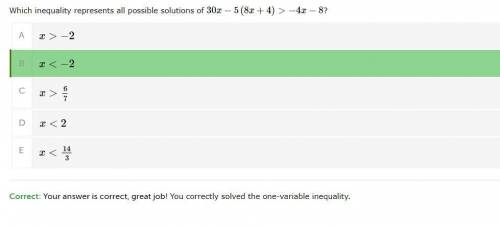 Which inequality represents all possible solutions of 30x−5(8x+4)>−4x−8?

YOU MUST SHOW YOUR CA