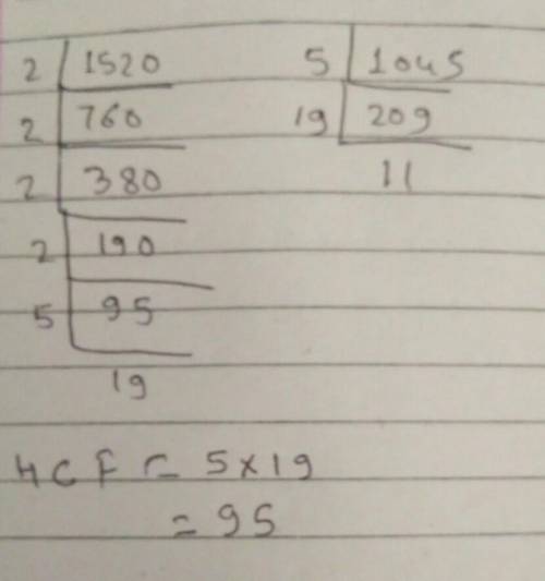 Find the HCF of 1045 and 1520 by long division. Method​ plsss