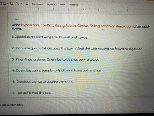 Write Exposition,Conflict, Rising action, Climax, Falling action or Resolution after each event.