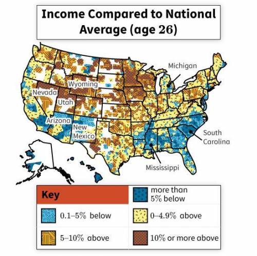 What does the map indicate

A.****Incomes in Mississippi are significantly less than the national