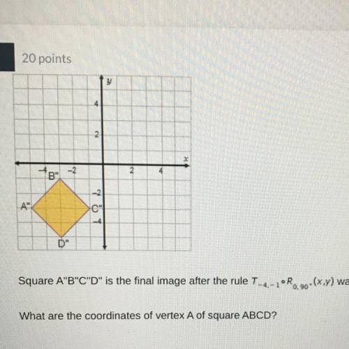 Square ABCD is the final image after the rule T-4-1 R 0,90*(x,y) was applied to square ABCD.