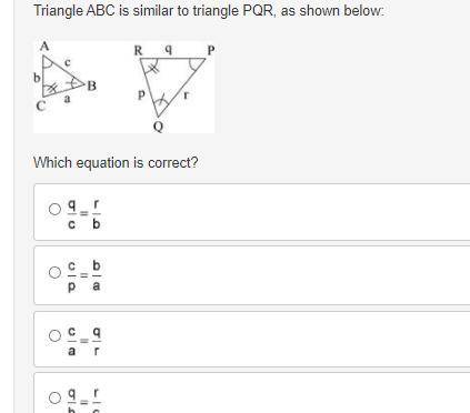 Triangle ABC is similar to triangle PQR, as shown below:

Two similar triangles ABC and PQR are sh