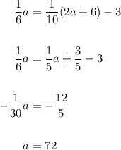 \displaystyle \begin{aligned} \frac{1}{6} a &= \frac{1}{10}(2a + 6) - 3 \\ \\ \frac{1}{6} a &= \frac{1}{5} a + \frac{3}{5} - 3\\ \\ -\frac{1}{30} a &= -\frac{12}{5} \\ \\ a &= 72\end{aligned}