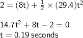 { \sf{2 = (8t) +  \frac{1}{2}  \times (  29.4) {t}^{2} }} \\  \\ { \sf{ {14.7t}^{2}   + 8t  -  2 = 0 }} \\  { \sf{t = 0.19 \: seconds}}