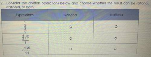 2. Consider the division operations below and choose whether the result can be rational,

irration