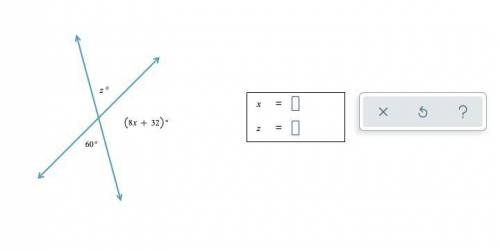 Solving equations involving vertical angles

Given the figure below, find the values of x and z.