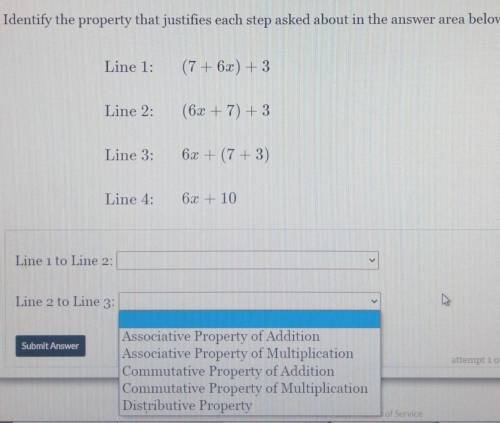 Identify the property that justifies each step asked about in the answer area below

Line 1: (7 +6