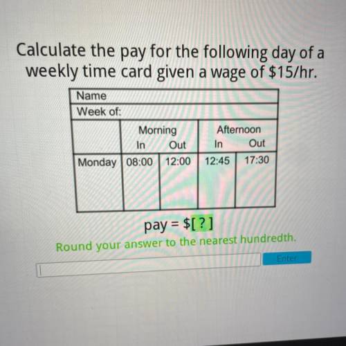 Calculate the pay for the following day of a weekly time card given a wage of $15 an hour