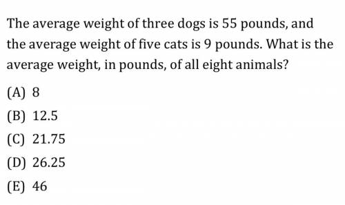 The average weight of three dogs is 55 pounds, and the average weight of five cats is 9 pounds. Wha