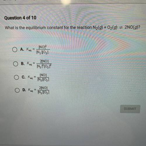 What is the equilibrium constant for the reaction N2(g) + O2(g) = 2NO(g)?