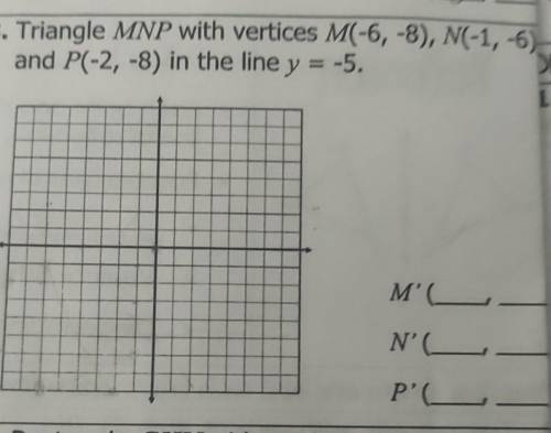 Triangle MNP with vertices M(-6, -8), N(-1,-6) and P(-2, -8) in the line y = -5. M'L N'( PC US​
