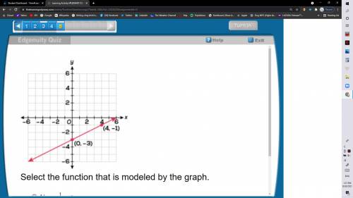 Select the function that is modeled by the graph.

A. y = 1/2x + 3
B. y = 1/2x - 3
C. y = - 1/2x +