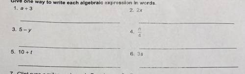 Give one way to write each algebraic expression in words (BE SPECIFIC)