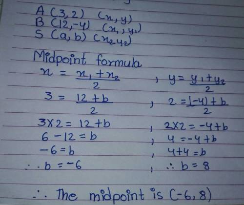 Find the midpoint between A(3,2) and B(12,-4)