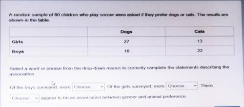 A random sample of 80 children who play soccer were asked if they prefer dogs or cats the results a