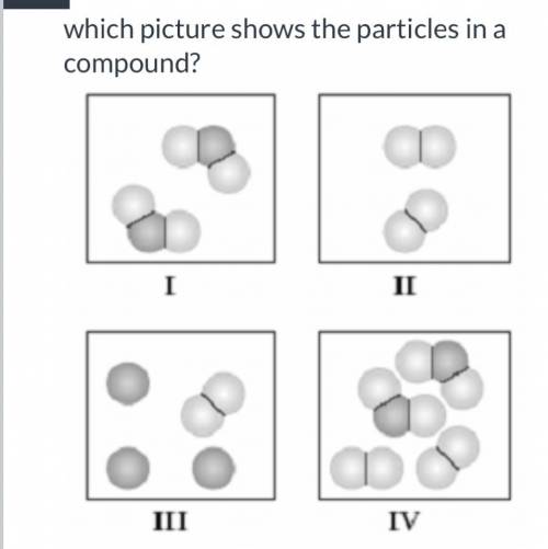 Which picture shows the particles in a compound?

picture I and II
picture I
picture III and IV
pi