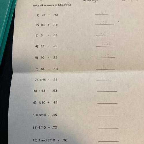 Write all answers as decimals HELP ASAP