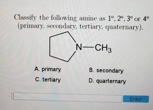 Please Help!

Classify the following amine as 1°,2°, 3°, or 4° (primary, secondary, tertiary, quat