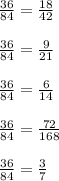 \frac{36}{84}=\frac{18}{42}\\\\\frac{36}{84}=\frac{9}{21}\\\\\frac{36}{84}=\frac{6}{14}\\\\\frac{36}{84}=\frac{72}{168}\\\\\frac{36}{84}=\frac{3}{7}