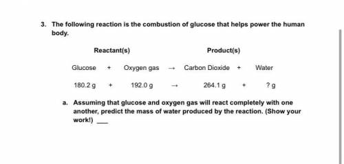 Glucose

+
Oxygen gas
Carbon Dioxide
+
Water
180.2 g
+
192.0 g
264.1g
+
? g
a. Assuming that gluco