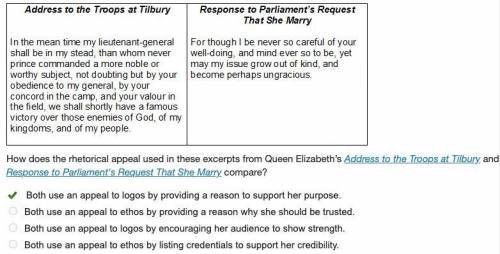 How does the rhetorical appeal used in these excerpts from Queen Elizabeth's Address to the Troops