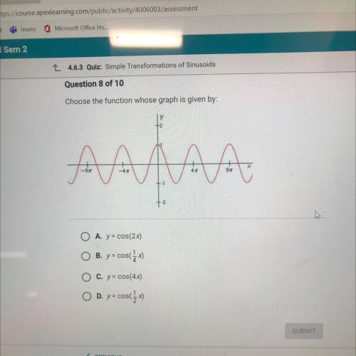 Choose the function whose graph is given by:

у
AAAAA
ht
O A. y= cos(2x)
O B. y= cos()
O c. y = co