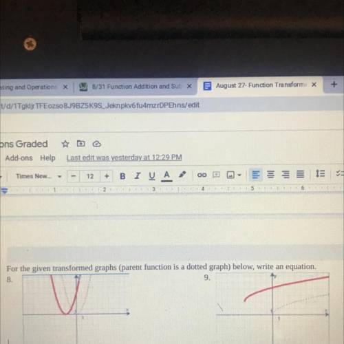 For the given transformed graphs (parent function is a dotted graph) below, write an equation