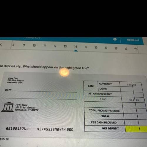 Look at the deposit slip. What should appear on the highlighted line?

34.20 54.20 The signature.