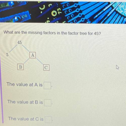 What are the missing factors in the factor tree for 45?
45 
5 
A B C