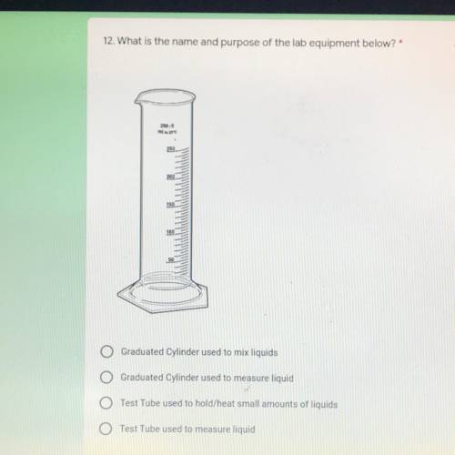 12. What is the name and purpose of the lab equipment below?*

Graduated Cylinder used to mix liqu