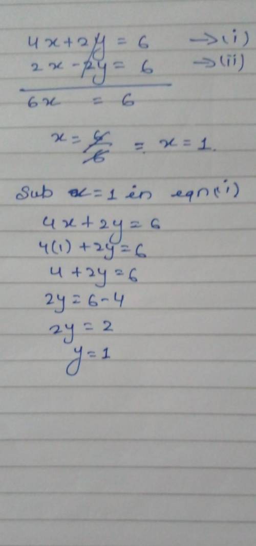 2x - 2y = 6
4x + 2y = 6
Solve by elimination method .