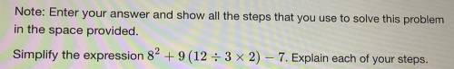 Simplify the expression 8^2+9(12/3*2)-7 Step by step please :)