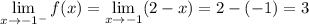 \displaystyle \lim_{x\to-1^-}f(x) = \lim_{x\to-1}(2-x) = 2-(-1) = 3