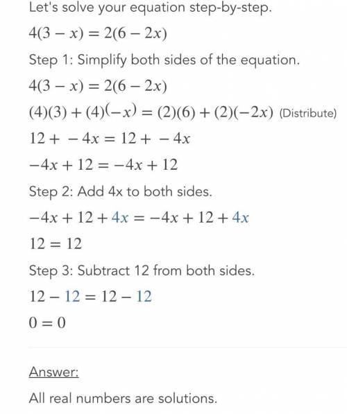 4(3-x)=2(6-2x)
what is the answer to this equation