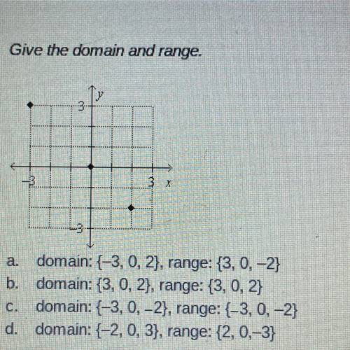 Give the domain and range.

3
vo
X
a.
domain:{-3, 0, 2), range: {3, 0, -2}
b. domain: {3, 0, 2), r