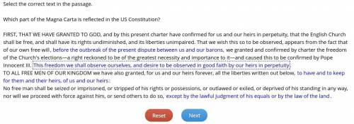 Select the correct text in the passage.

Which part of the Magna Carta is reflected in the US Cons