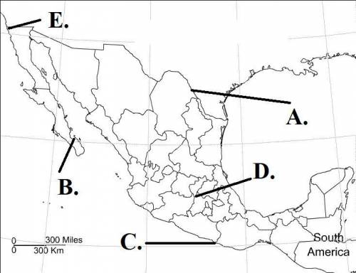 Use the map below to identify the labeled locations.

Acapulco 1. A
Tiajuana 2. B
La Paz 3. C
Mexi