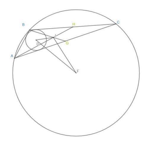 Triangle ABC has side lengths 25, 17, and 12. F is the center of the circle that goes through point