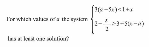 For which of a the system 3(a-5x)<1+x,2-(x)/(2)>3+5(x-a) has at least one solution?

FAST PL