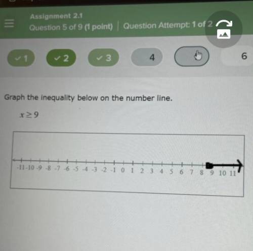 Graph the inequality below on the number line

X_>9
Help please look at picture above