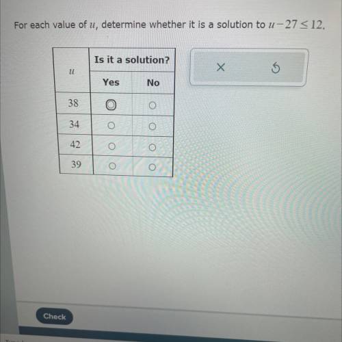 For each value of u determine whether it is a solution to u -27<12