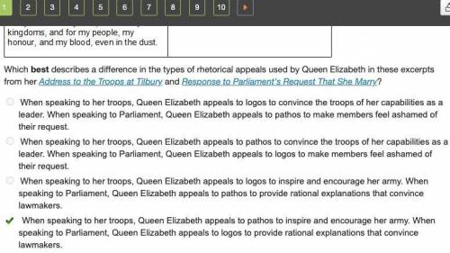 Which best describes a difference in the types of rhetorical appeals used by Queen Elizabeth in the